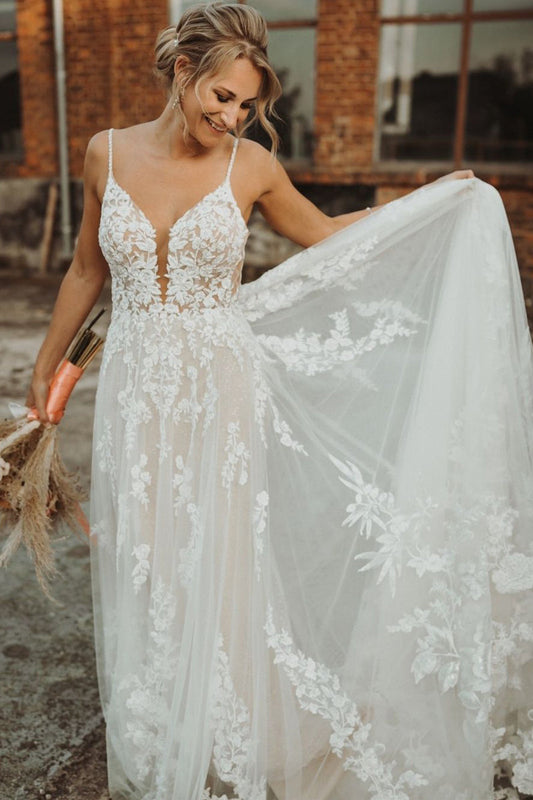 Fairy A Line V Neck Bohemian Tulle Wedding Dresses with Appliques LD062806