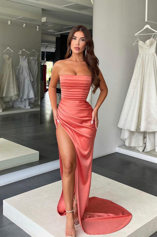 Cute Mermaid Strapless Orange Silk Satin Prom Dresses with Slit LD062907