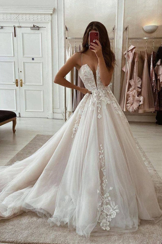 Ball Gown V Neck Tulle Wedding Dresses with Appliques LD062805