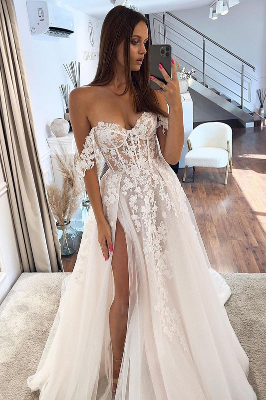 Bohemian Fairy A Line Sweetheart Tulle Wedding Dresses with Slit LD062526