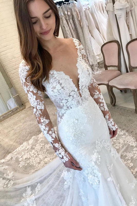 Elegant Mermaid V Neck Lace Wedding Dresses with Appliques LD062803