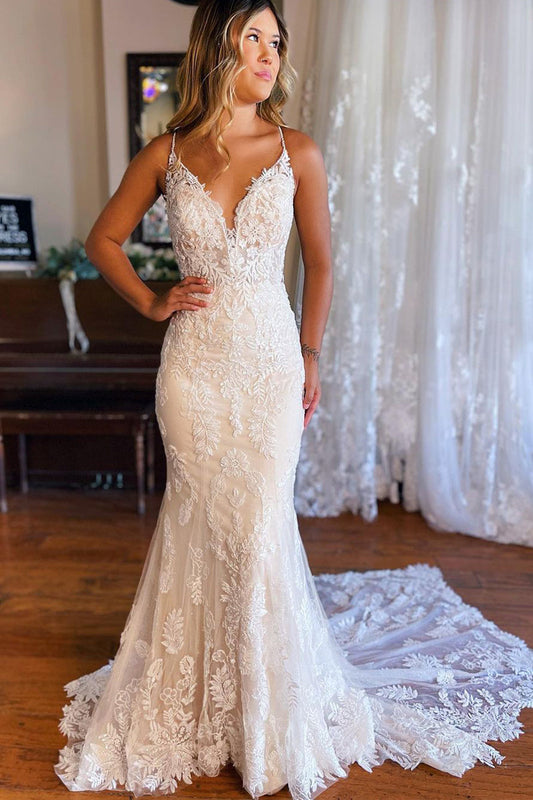 Charming Luxurious Mermaid V Neck Lace Wedding Dresses with Appliques LD062508