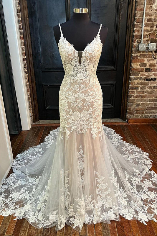 Luxurious Elegant Mermaid V Neck Lace Wedding Dresses with Appliques LD070310