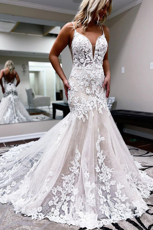 Elegant Mermaid V Neck Lace Wedding Dresses with Appliques LD070308