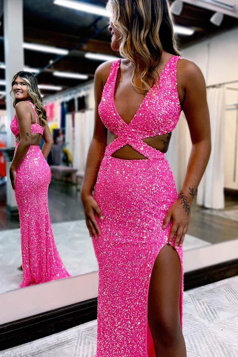 Charming Mermaid V Neck Hot Pink Sequins Prom Dresses with Slit LD070811