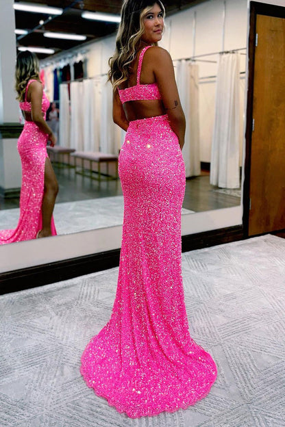 Charming Mermaid V Neck Hot Pink Sequins Prom Dresses with Slit LD070811