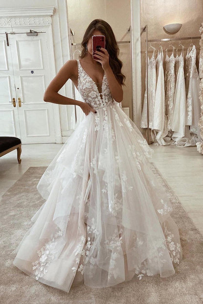 Fairy Ball Gown V Neck Tulle Wedding Dresses with Appliques LD070508