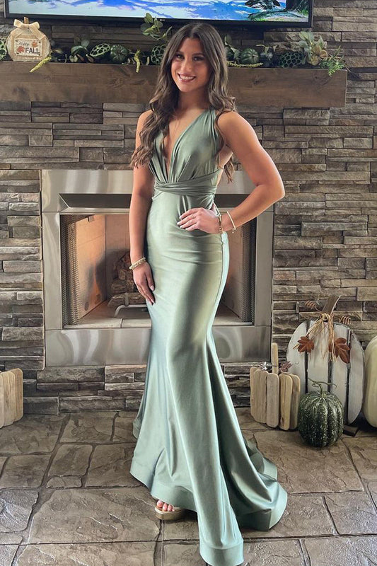 Cross Neck Mermaid Sage Green Silk Satin Bridesmaid Dresses LD062532