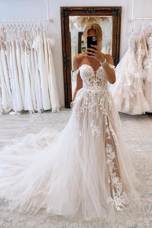 Fairy A Line Sweetheart Tulle Slit Wedding Dresses with Appliques LD062525