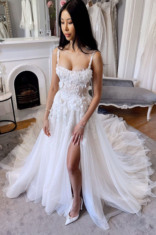 Gorgeous A Line Scoop Neck Tulle Long Wedding Dresses with Appliques LD062523