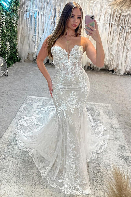 Charming Mermaid Sweetheart Lace Wedding Dresses with Appliques LD062522