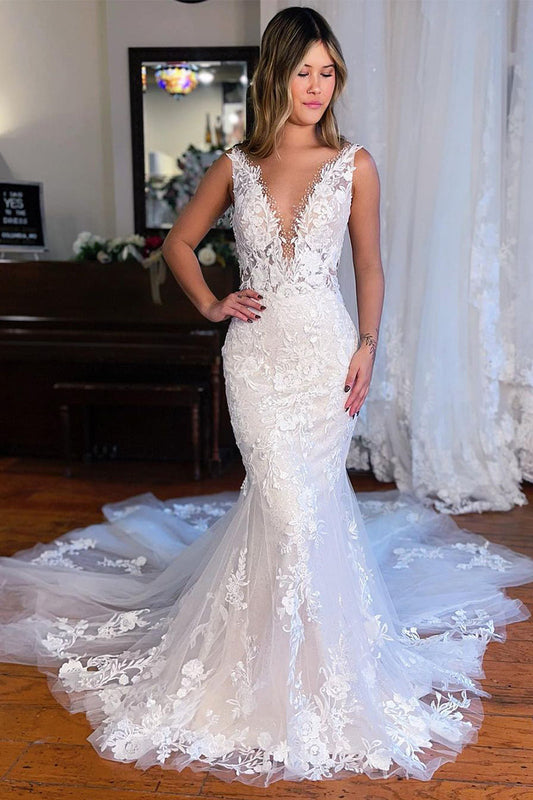 Elegant Mermaid V Neck Lace Wedding Dresses with Appliques LD062521