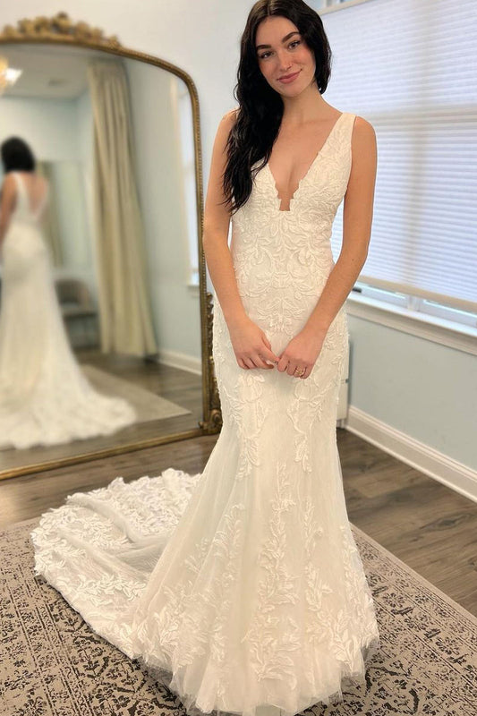 Elegant Mermaid V Neck Lace Long Wedding Dresses with Train LD062520