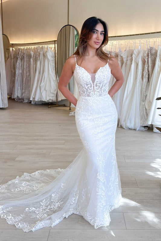 Charming Elegant Mermaid V Neck Lace Wedding Dresses with Appliques LD062519