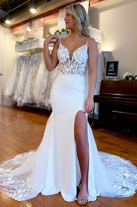 Fashion Mermaid V Neck Elastic Satin Wedding Dresses with Appliques LD062518
