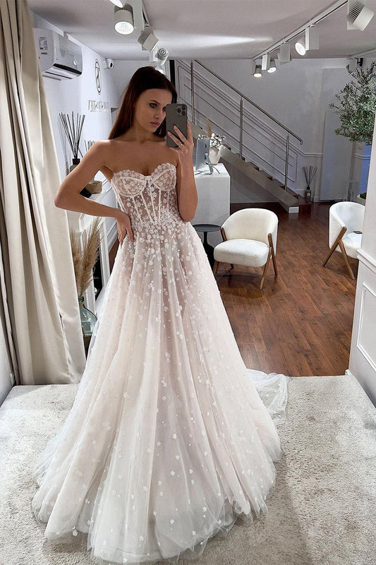 Fairy A Line Sweetheart Tulle Wedding Dresses with Flower Beaded LD062516