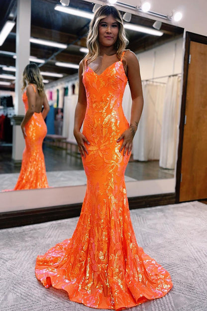 Cute Mermaid V Neck Orange Lace Sequins Long Prom Dresses LD070824