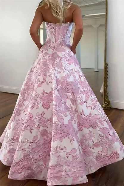 Cute A Line Scoop Neck Jacquard Satin Prom Dress with Pearls LD25122903