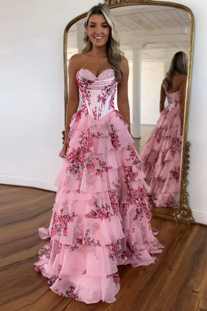 Cute A Line Sweetheart Pink Floral Chiffon Tiered Prom Dress LD011509
