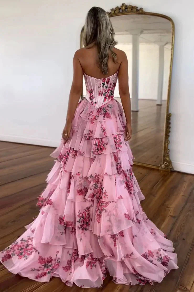 Cute A Line Sweetheart Pink Floral Chiffon Tiered Prom Dress LD011509