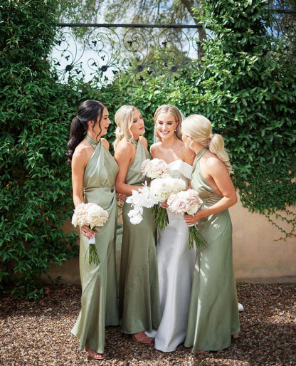 Charming Satin Sage Sheath Halter Long Bridesmaid Dress