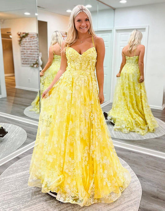 Ellis | Cute Yellow A-Line Spaghetti Strap Long Prom Dress with Appliques