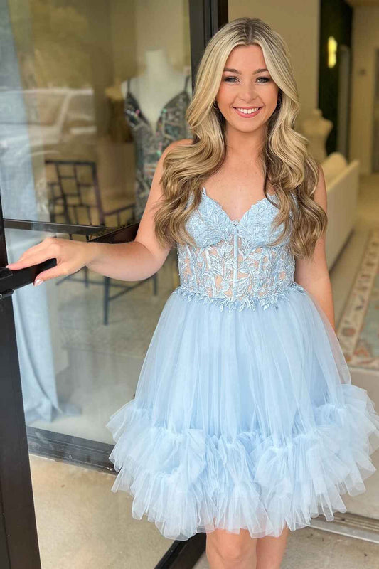 Cute A-Line Sweetheart Light Sky Blue Tulle Homecoming Dresses with Appliques LD24080302