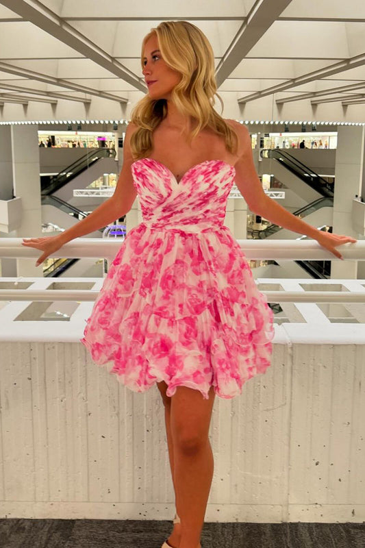 Cute A Line Sweetheart Pink Printed Chiffon Homecoming Dresses LD073101