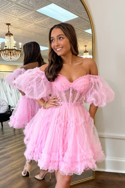 Cute Pink A-Line Sweetheart Short Homecoming Dress with Tiered Tulle Lovedreamdress Cute Pink A-Line Sweetheart Short Homecoming Dress with Tiered Tulle Lovedreamdress