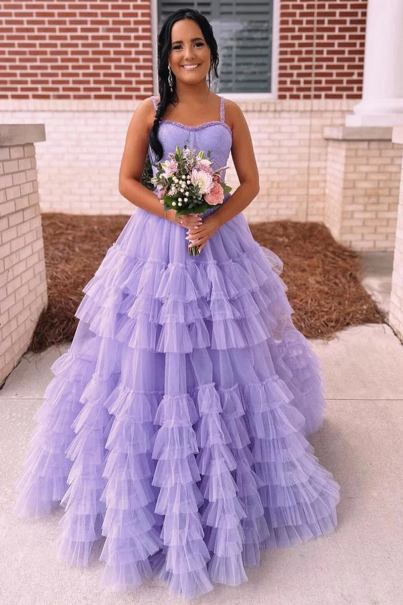 Cute Ball Gown Sweetheart Lavender Tulle Long Prom Dresses with Beading AB24091304-1