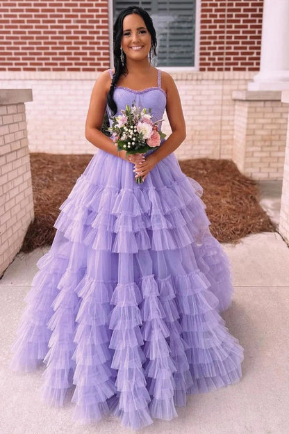 Cute Ball Gown Sweetheart Lavender Tulle Long Prom Dresses with Beading AB24091304-1