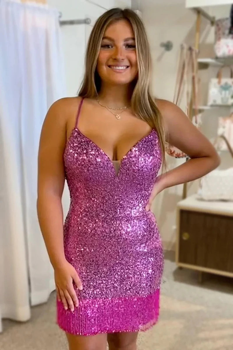 Cute Bodycon V Neck Red Sequins Short Homecoming Dresses with Beading LD073103