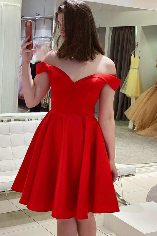 Uma | Off-the-Shoulder Red Satin A-Line Homecoming Dress