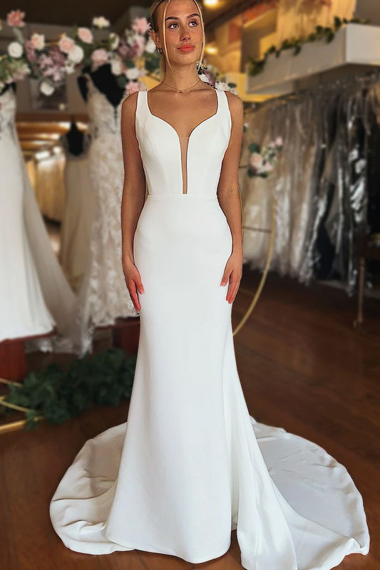 Elegant Mermaid Sweetheart Elastic Satin Wedding Dress with Button LD073106-2