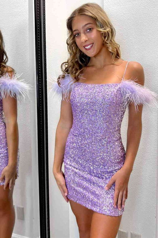 Georgiana | Sequin Bodycon Homecoming Dress with Feather Details