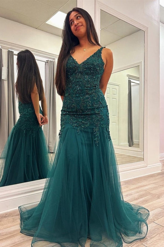 Kali | Peacock Blue V-Neck Mermaid Prom Dress with Tulle and Appliqués