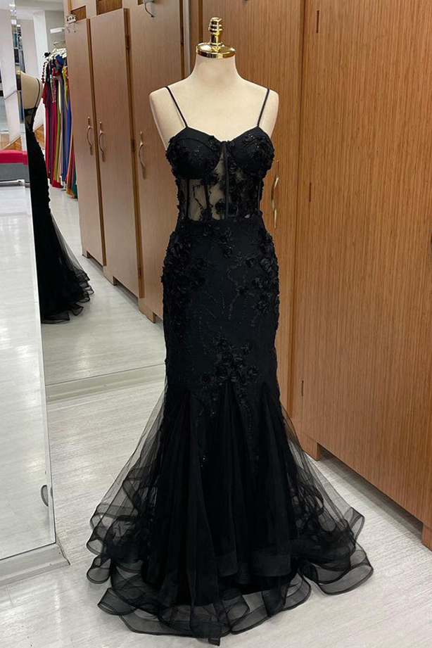 Aubrielle | Black Mermaid Tulle Prom Dress with Sweetheart Neckline, Straps, and Appliques