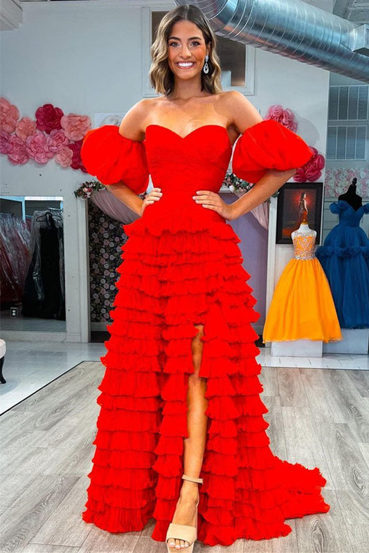 Wendy | Red Sweetheart Tiered Tulle Prom Dress with Statement Balloon Sleeves