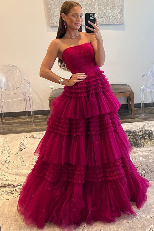 Daniela | Strapless Tulle A-Line Prom Dress with Tiered Ruffle Skirt