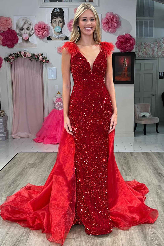 Lilianna | Dazzling V-Neck Red Sequin Prom Dress with Feathers and Cape