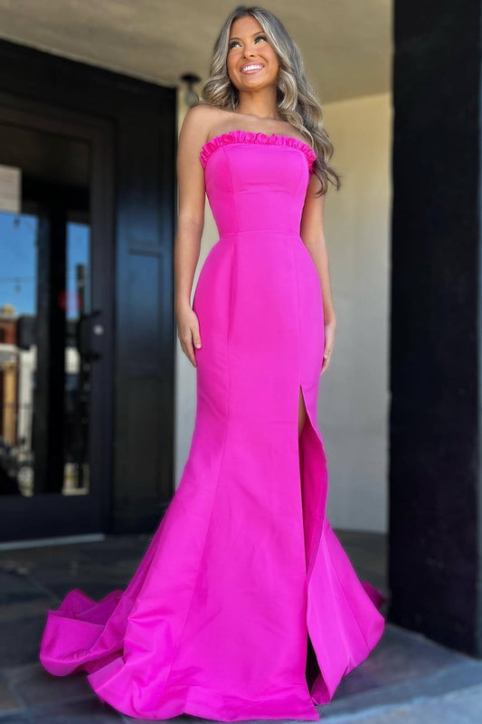 Denver | Magenta Strapless Ruffle Mermaid Prom Dress with Slit