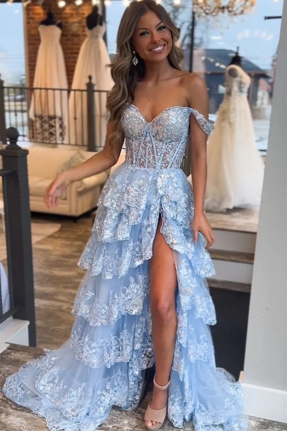 Fashion Ball Gown Off the Shoulder Light Blue Tiered Prom Dresses with Slit AB24091302-1