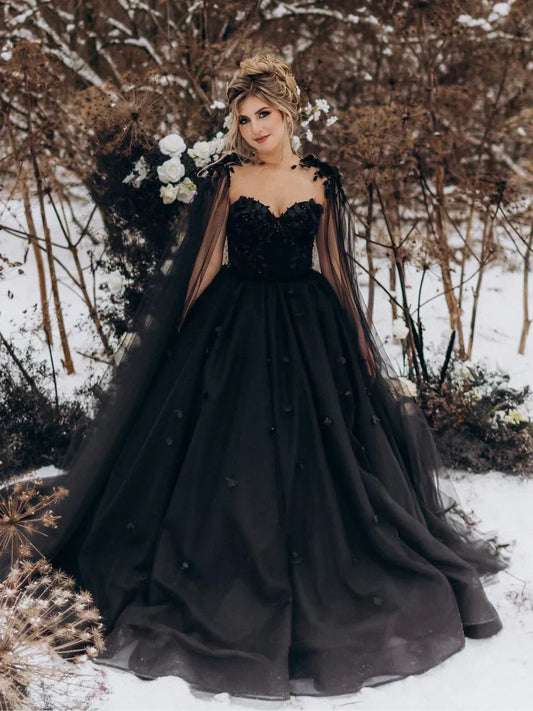 Fabiana | Black A-Line Gothic Wedding Dress with 3D Flowers, Tulle, and Cape