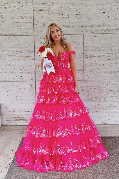 Gorgeous Ball Gown Off the Shoulder Hot Pink Sequins Tiered Prom Dresses AB24091403-2