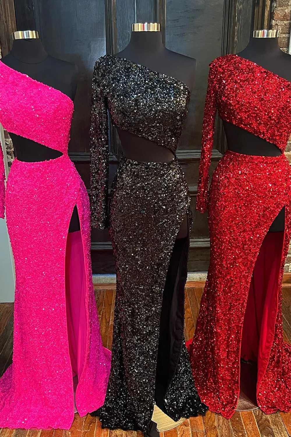 Red One-Shoulder Sequined Sheath Prom Dress with Slit