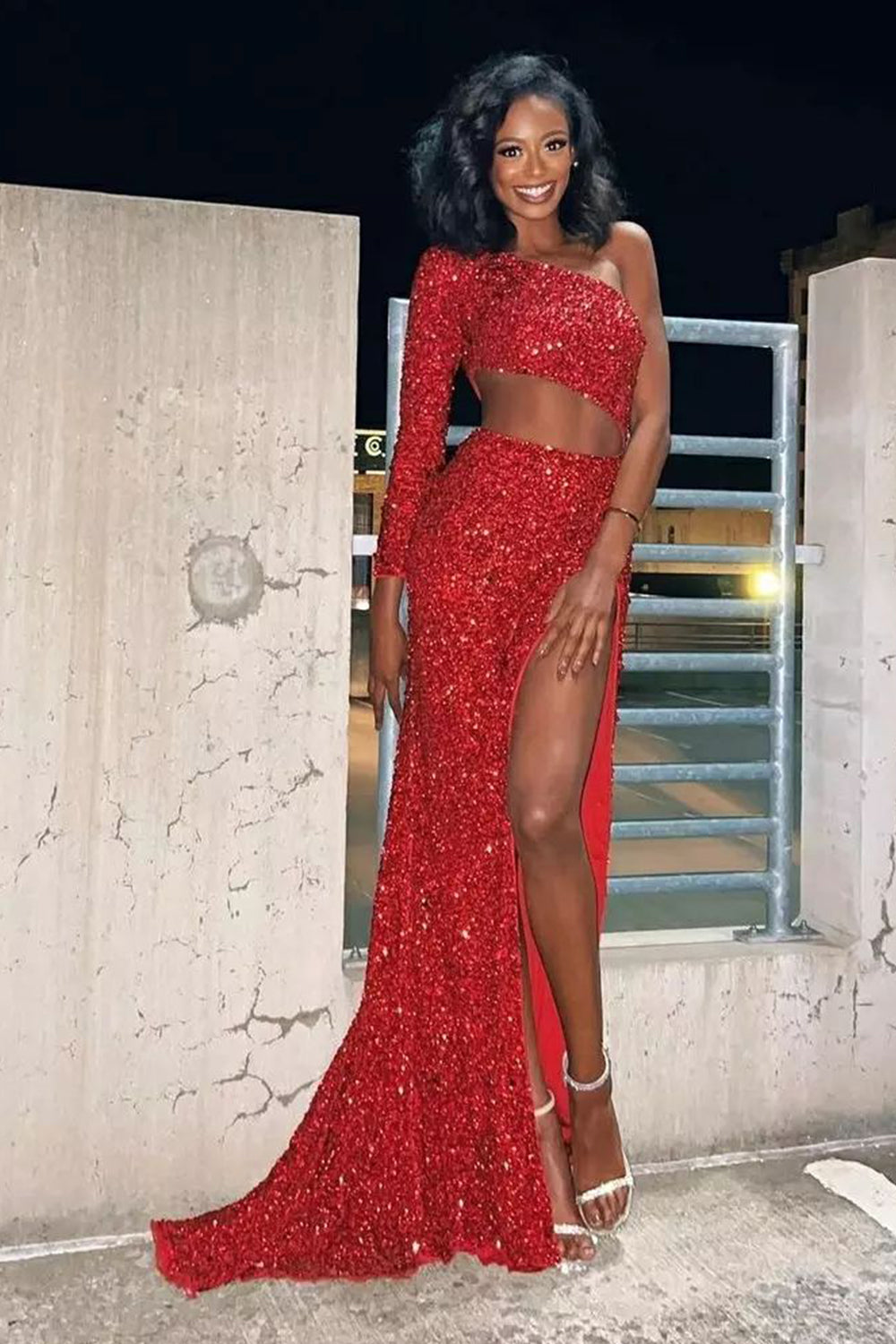 Red One-Shoulder Sequined Sheath Prom Dress with Slit