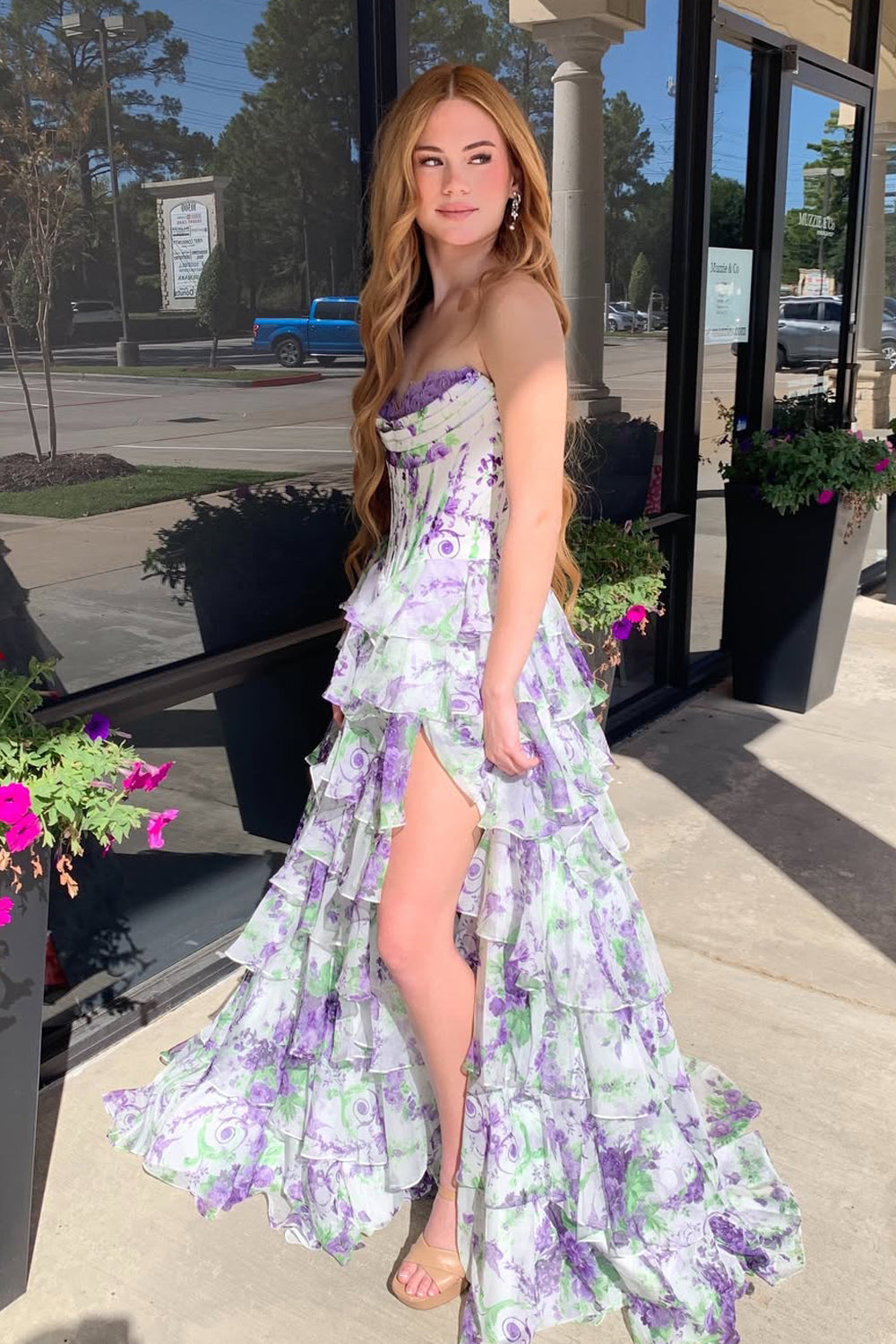 Cute A Line Sweetheart Pink Floral Chiffon Tiered Prom Dress LD011509