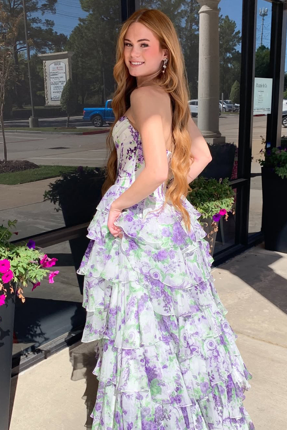 Cute A Line Sweetheart Pink Floral Chiffon Tiered Prom Dress LD011509