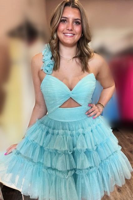 Light Blue Tulle Mini Homecoming Dress with Ruffle Details