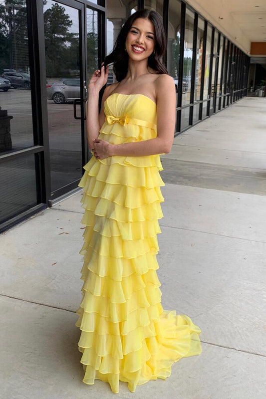 High-Waist A-Line Strapless Long Prom Dress with Ruffle Tiers and Bow